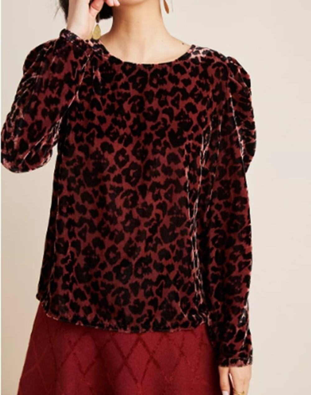 Anthropologie Dolan Velvet Leopard Blouse Puff Sleeve Top Sz M Mob Glam